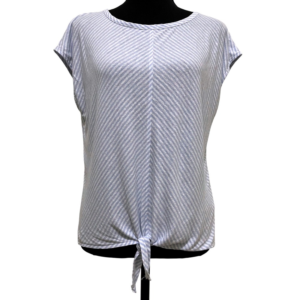 J.Jill Linen Blend‎ Tie Front Top Blue White Stripe Short Sleeve Coastal PM